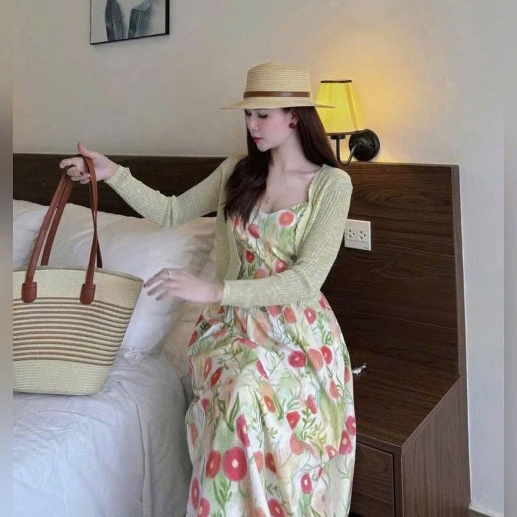VRA0645-Set váy 2 dây hoa Vàng +áo khoác Xanh