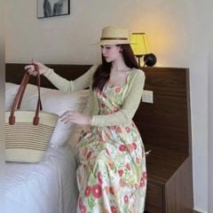 VRA0645-Set váy 2 dây hoa Vàng +áo khoác Xanh