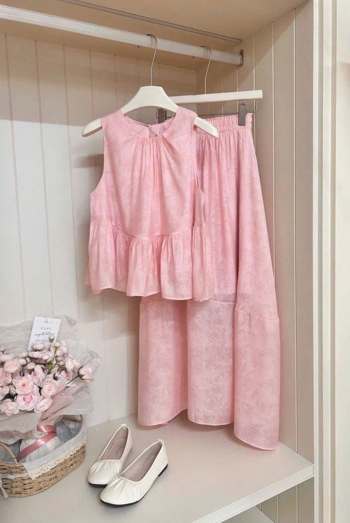 TB8509-Set tơ họa tiết hoa, áo babydoll + CV dài Hồng