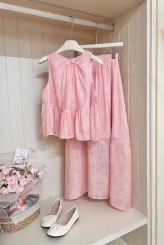 TB8509-Set tơ họa tiết hoa, áo babydoll + CV dài Hồng
