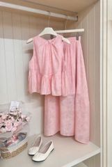 TB8509-Set tơ họa tiết hoa, áo babydoll + CV dài Hồng