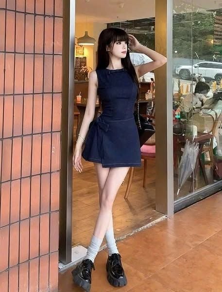 VGU0496-Đầm jean ngắn cột nơ eo
