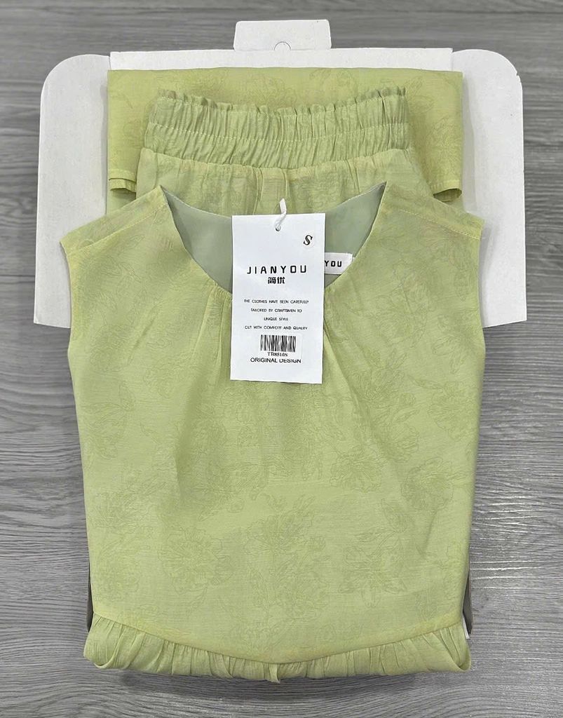 TB8510-Set tơ họa tiết hoa, áo babydoll + CV dài Xanh
