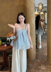 TQ4326-Set áo tơ thêu 2 dây kết hạt CC, quần suông Kem