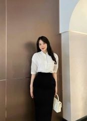SKY8516-Set công sở CC, áo sơ mi kiểu+CV bút chì Đen (áo trắng)