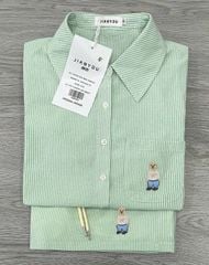 TB8506-Set áo sơ mi+quần short kẻ sọc thêu gấu Xanh Lá