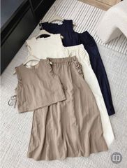 TB8505-Set áo sát nách nhúng bèo phối nút sau lưng +CV dài Kem