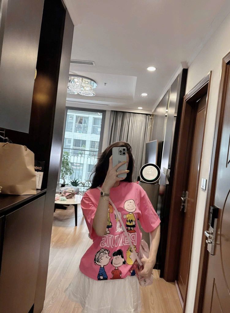 VRA0648-Set áo thun hồng in hình, CV tơ nhúng phối viền ren Trắng