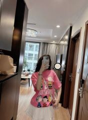VRA0648-Set áo thun hồng in hình, CV tơ nhúng phối viền ren Trắng