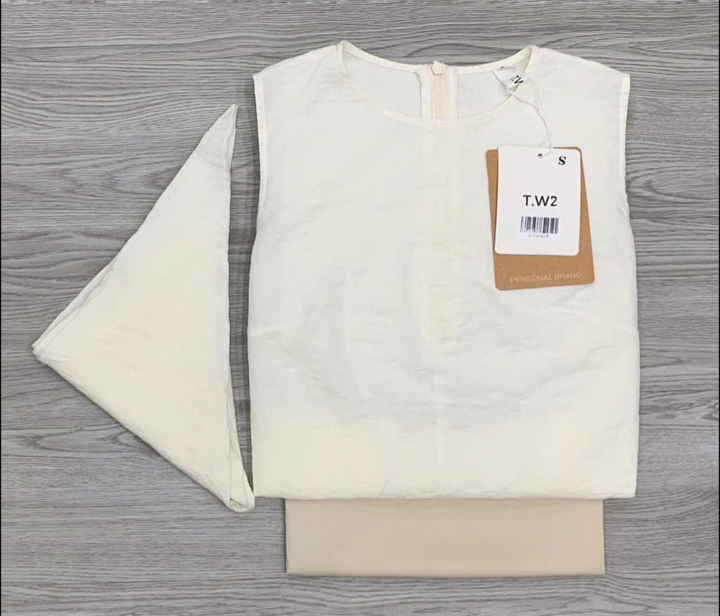 KS0863-Set áo linen +khăn choàng kem, quần lụa màu Da