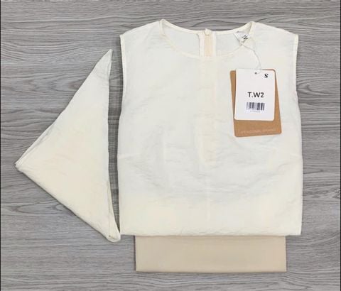 KS0863-Set áo linen +khăn choàng kem, quần lụa màu Da