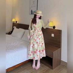 VRA0646-Set váy 2 dây hoa Đỏ+áo khoác Kem