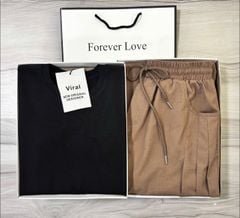 VRA0640-Set basic, áo thun đen+quần dài Nâu