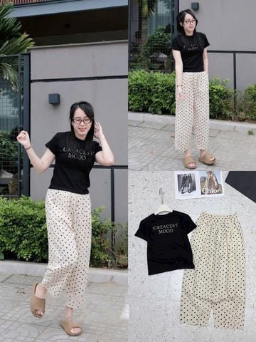 TQ1811-Set áo thun đen thêu chữ, quần chấm bi Kem