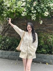 VGU0465-Set áo tơ thêu hoa cột nơ, áo 2 dây,quần short Kem