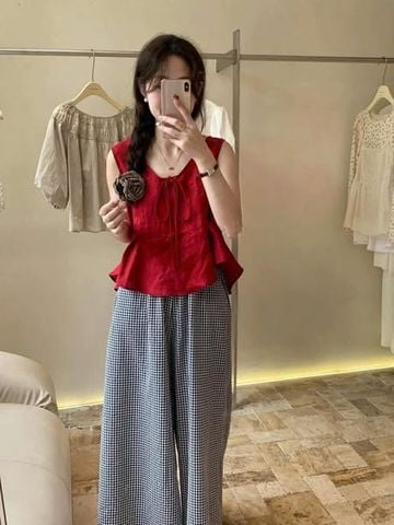 TQ4336-Set áo babydoll cột nơ đỏ, quần suông caro nhí Đen