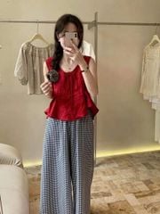TQ4336-Set áo babydoll cột nơ đỏ, quần suông caro nhí Đen