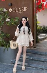 SKY8501-Set thêu CC, áo tay dài +quần short Trắng