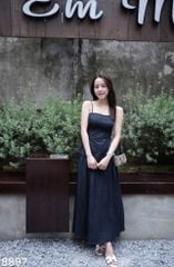 KS0891-Set jean, áo 2 dây đính hạt nhúng eo+CV dài X.Đen