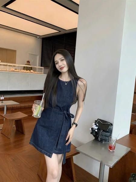 VGU0496-Đầm jean ngắn cột nơ eo