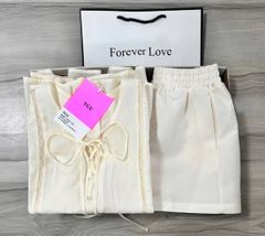 VGU0512-Set áo babydoll phối ren đan dây, quần short Kem
