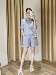 TB8507-Set áo sơ mi+quần short kẻ sọc thêu gấu Xanh Biển