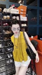 KS0861-Set linen, áo babydoll li ngực+quần short viền ren Kem