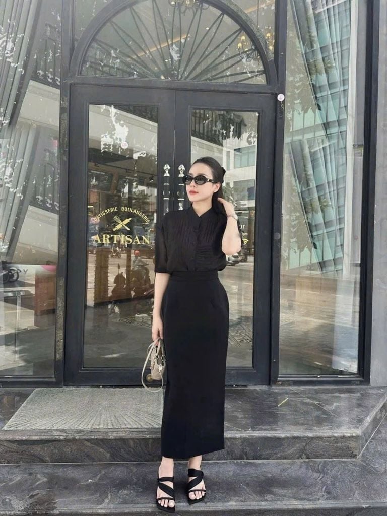 SKY8515-Set công sở CC, áo sơ mi kiểu+CV bút chì Đen