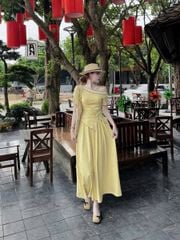 KS0877-Set áo kiểu lệch vai viền cổ đính charm, CV dài Vàng