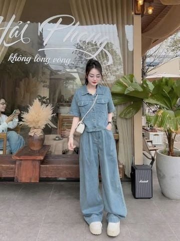 SKY8226-Set Jean CC, áo phối túi+quần suông X.Nhạt