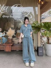 SKY8226-Set Jean CC, áo phối túi+quần suông X.Nhạt