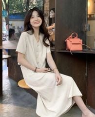 TQ4344-Set basic, áo cổ V nút bọc+CV dài Kem