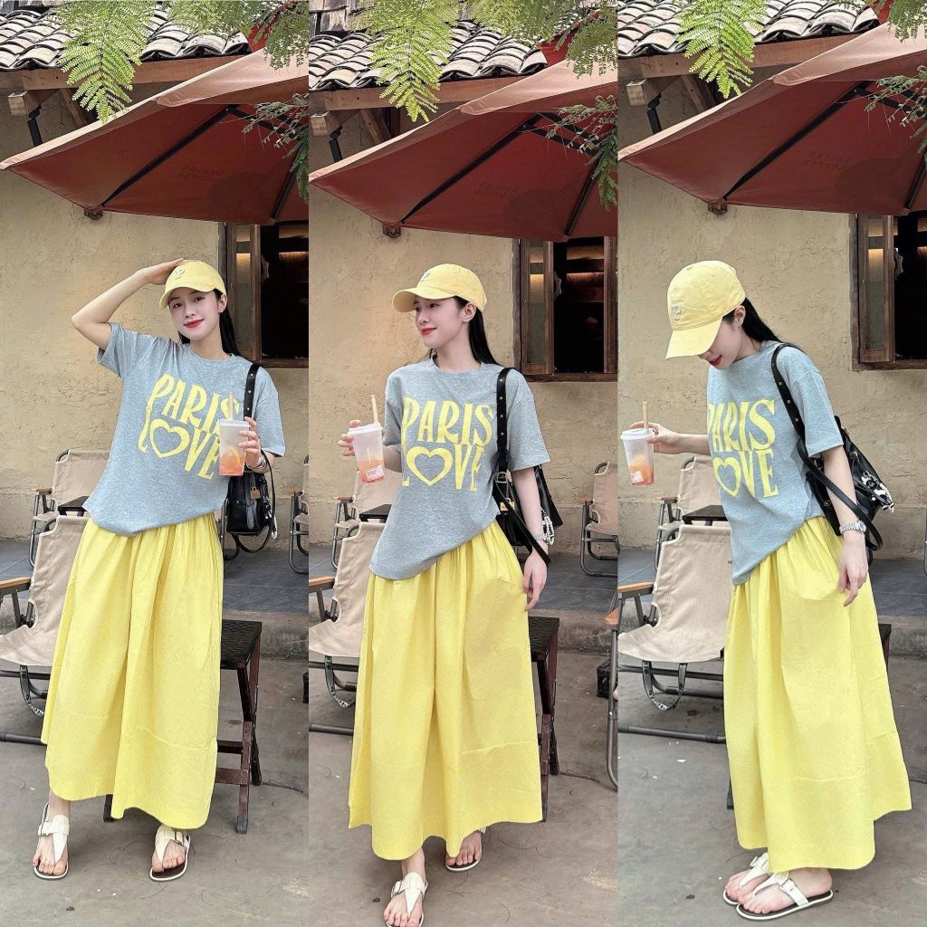 KS0893-Set áo thun xám in chữ, CV dài Vàng