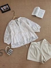 VGU0465-Set áo tơ thêu hoa cột nơ, áo 2 dây,quần short Kem