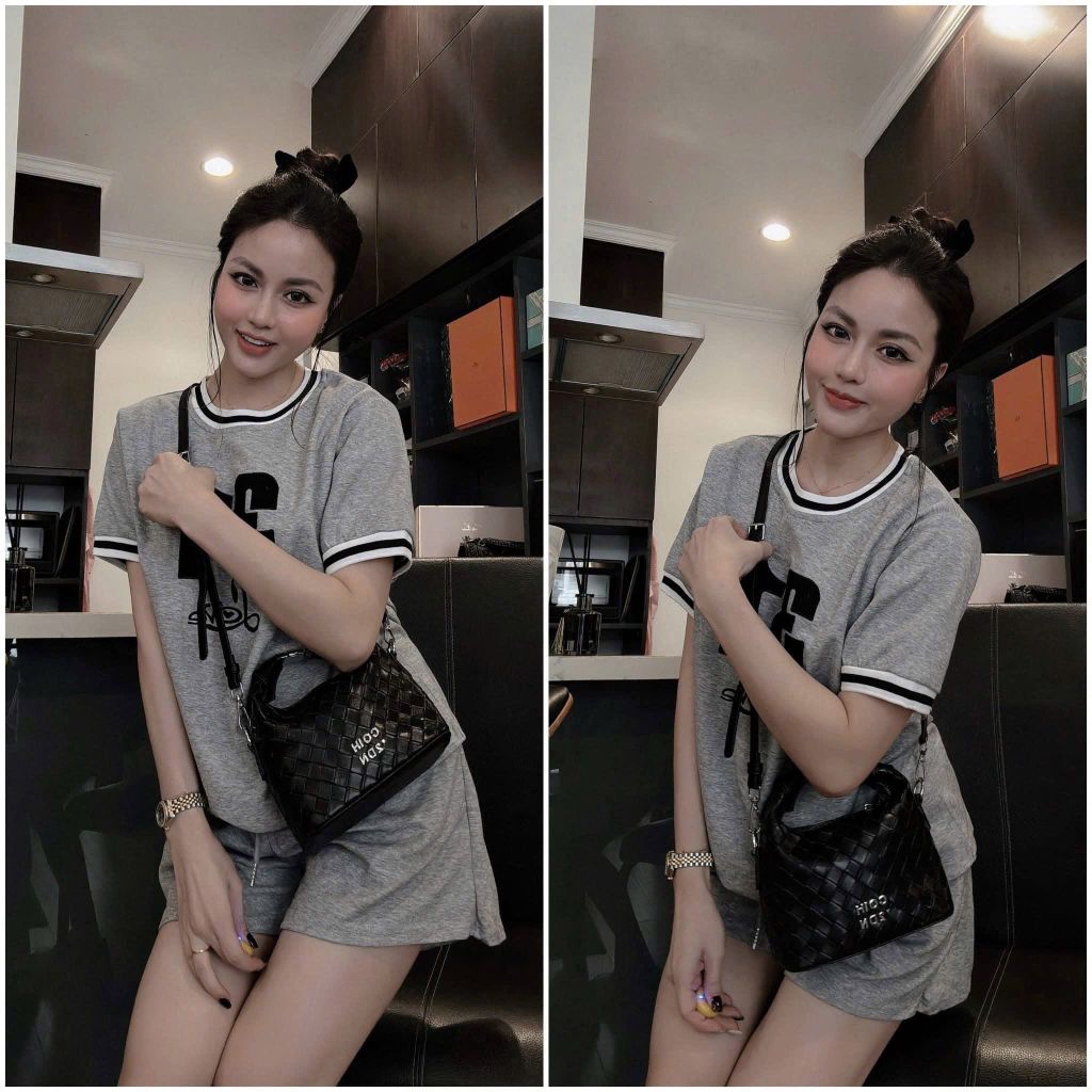 VGU0477-Set áo phối viền số 31, quần short thêu chữ Xám