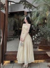 VGU0499-Đầm kiểu 2dây đính hoa Kem
