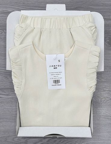 TB8505-Set áo sát nách nhúng bèo phối nút sau lưng +CV dài Kem