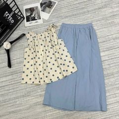 TB8456-Set áo chấm bi cột nơ vai, quần suông Xanh