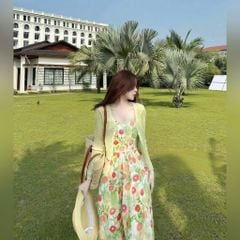 VRA0646-Set váy 2 dây hoa Đỏ+áo khoác Kem