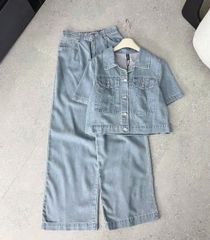 SKY8226-Set Jean CC, áo phối túi+quần suông X.Nhạt