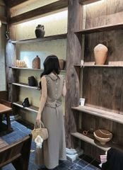 TB8505-Set áo sát nách nhúng bèo phối nút sau lưng +CV dài Kem