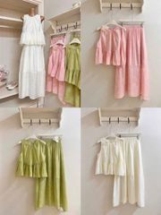 TB8508-Set tơ họa tiết hoa, áo babydoll + CV dài Kem