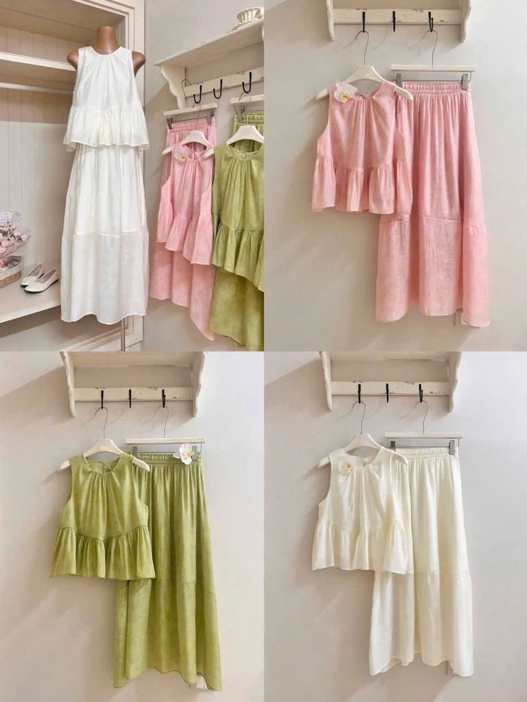 TB8510-Set tơ họa tiết hoa, áo babydoll + CV dài Xanh