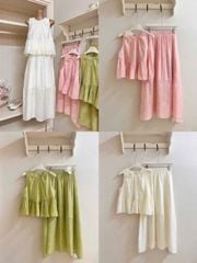 TB8510-Set tơ họa tiết hoa, áo babydoll + CV dài Xanh