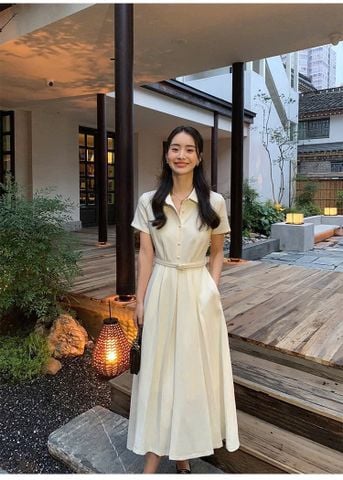 KS0864-Đầm dài cổ sơ mi + đai Kem