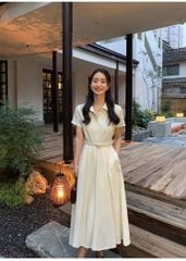 KS0864-Đầm dài cổ sơ mi + đai Kem