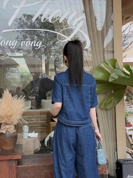 SKY8225-Set Jean CC, áo phối túi+quần suông X. Đậm