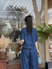 SKY8225-Set Jean CC, áo phối túi+quần suông X. Đậm