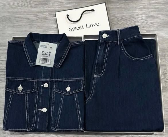 SKY8225-Set Jean CC, áo phối túi+quần suông X. Đậm