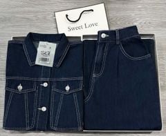 SKY8225-Set Jean CC, áo phối túi+quần suông X. Đậm